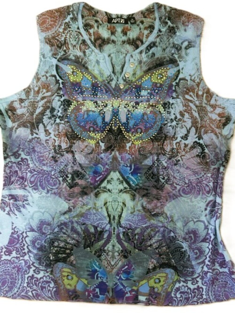 APT 9 Ladies Top XL Bead Embellished Butterfly Pattern Paisley Blue Purple